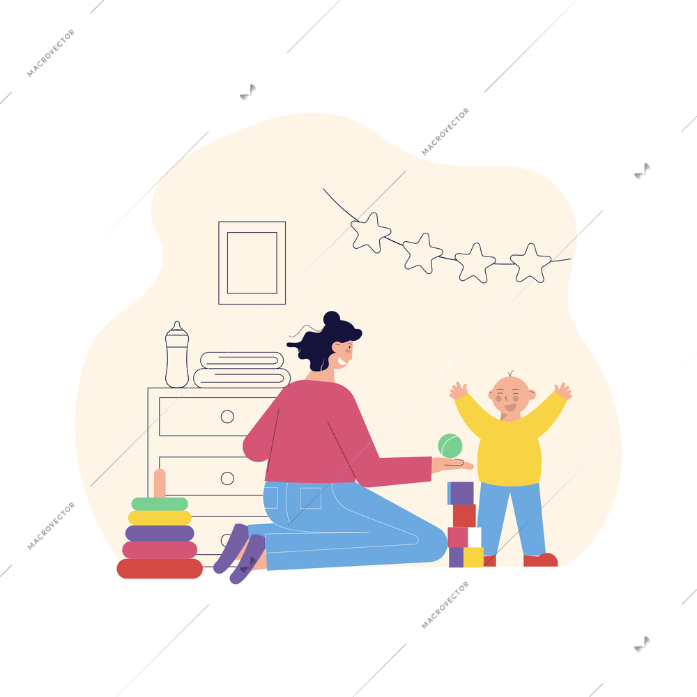 Babysitting entertainment educational activities flat composition with nanny playing toys with infant vector illustration