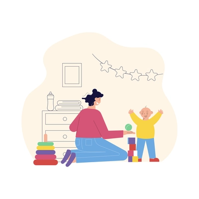 Babysitting entertainment educational activities flat composition with nanny playing toys with infant vector illustration