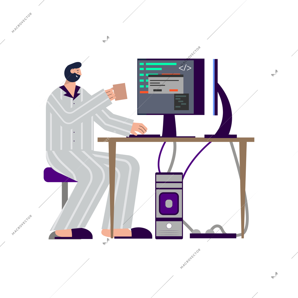 It specialist flat composition with doodle character of programmer at table with desktop computer vector illustration