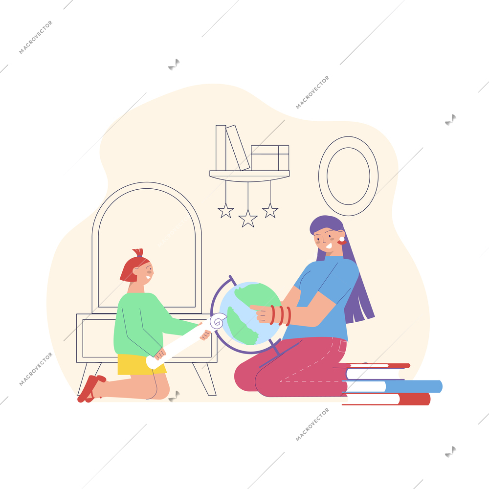 Babysitting entertainment educational activities flat composition with nanny teaching geography vector illustration