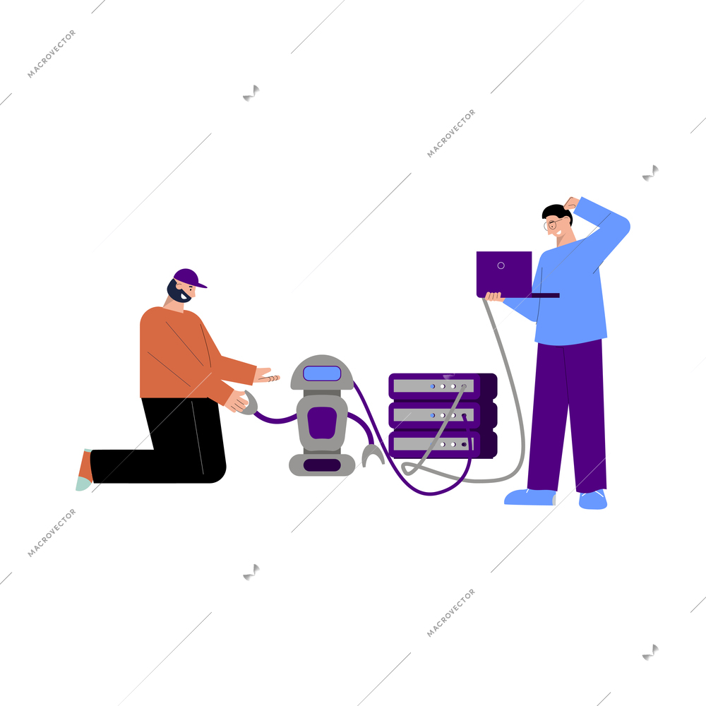 It specialist flat composition with doodle characters of fellow programmers setting up robot vector illustration