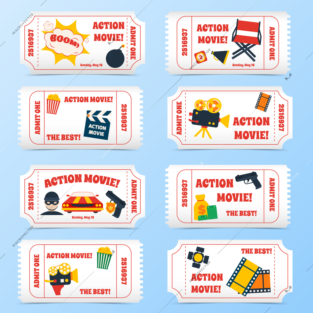 Action movie film cinema professional production tickets set vector illustration