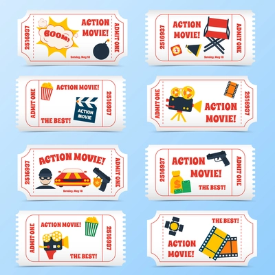 Action movie film cinema professional production tickets set vector illustration