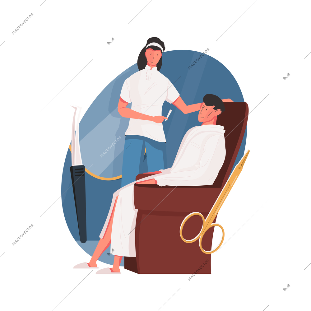 Cosmetology man composition with flat human characters of medical specialists with male patients vector illustration