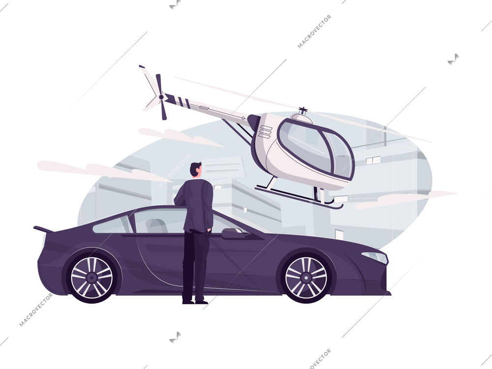 Rich people composition with flat images of flying helicopter and sport car with character of owner vector illustration