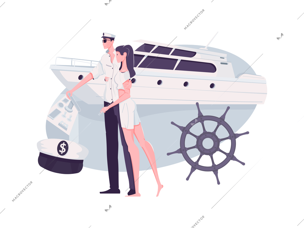 Rich people composition with flat human characters of loving couple with yacht boat vector illustration