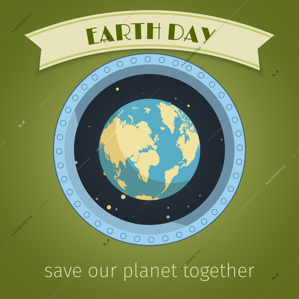 Earth day poster with globe in illuminator and ribbon banner vector illustration