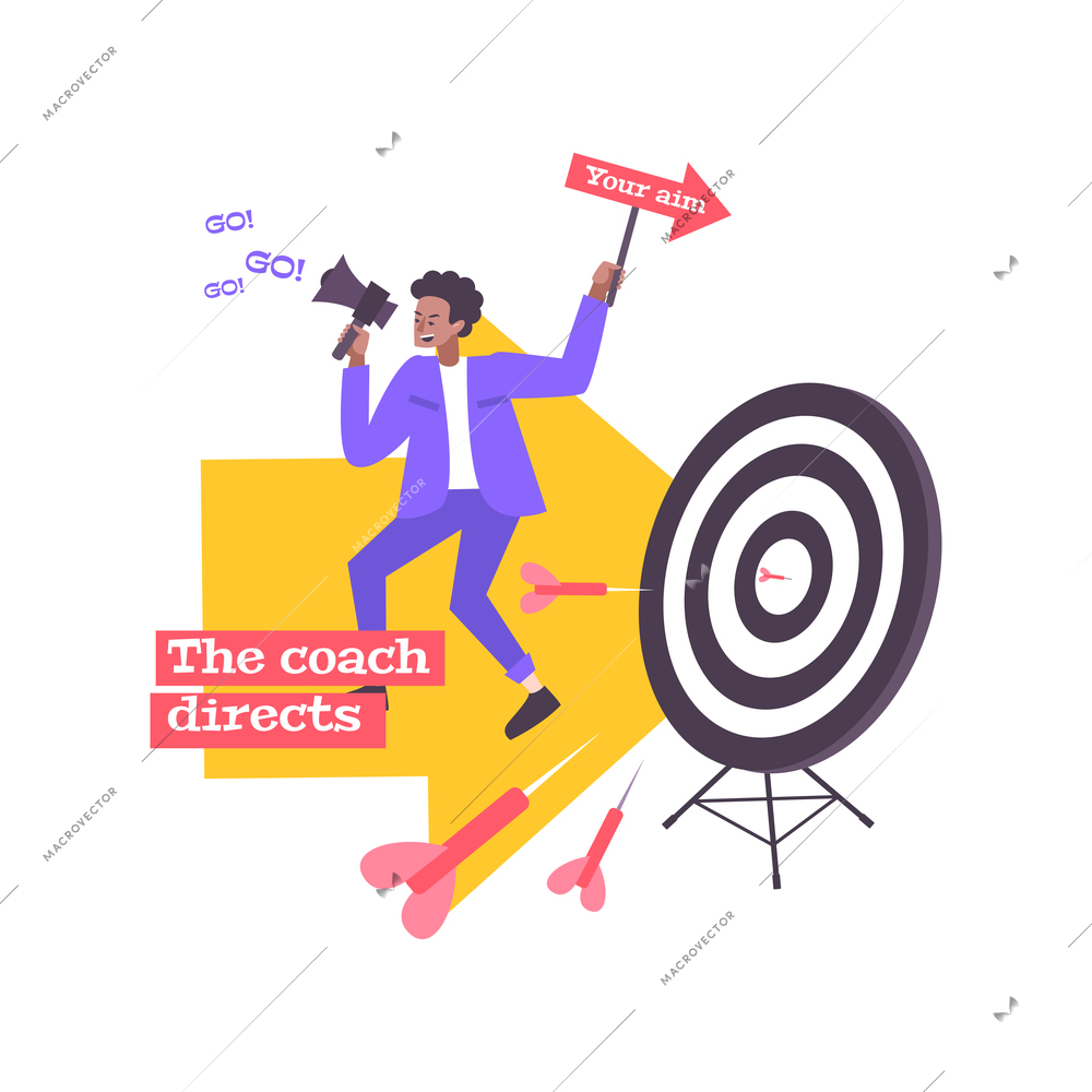 Coaching goal achievement flat composition with people using help of professional coaches isolated vector illustration