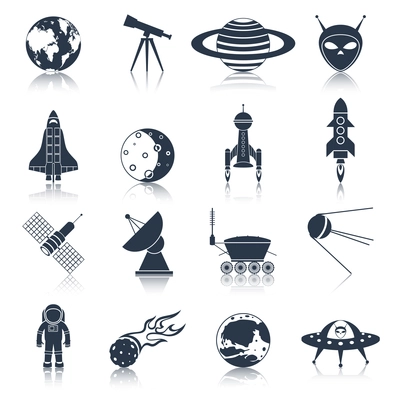 Space and astronomy black icons set with globe telescope alien isolated vector illustration