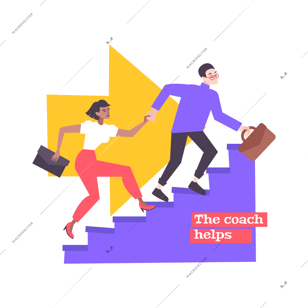 Coaching goal achievement flat composition with people using help of professional coaches isolated vector illustration