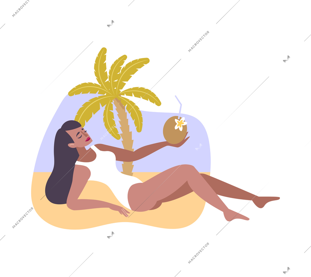 Relax flat composition with female character relaxing on sea beach vector illustration