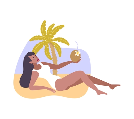 Relax flat composition with female character relaxing on sea beach vector illustration