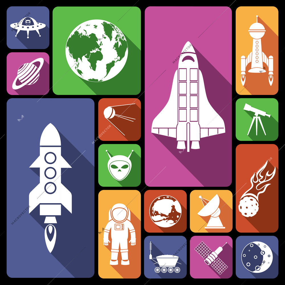 Space and astronomy flat icons set with rocket spaceman flying saucer isolated vector illustration