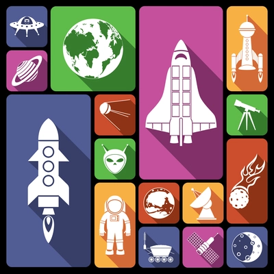 Space and astronomy flat icons set with rocket spaceman flying saucer isolated vector illustration