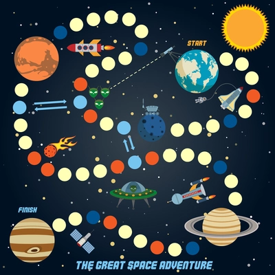 Space quest game with start finish and astronomy icons on background vector illustration