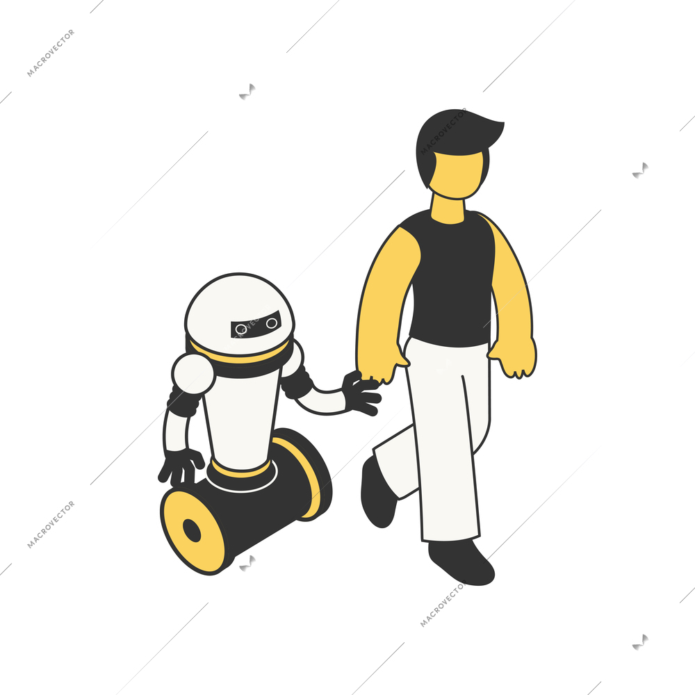 Future technology isometric composition with isolated character of guy with droid friend vector illustration