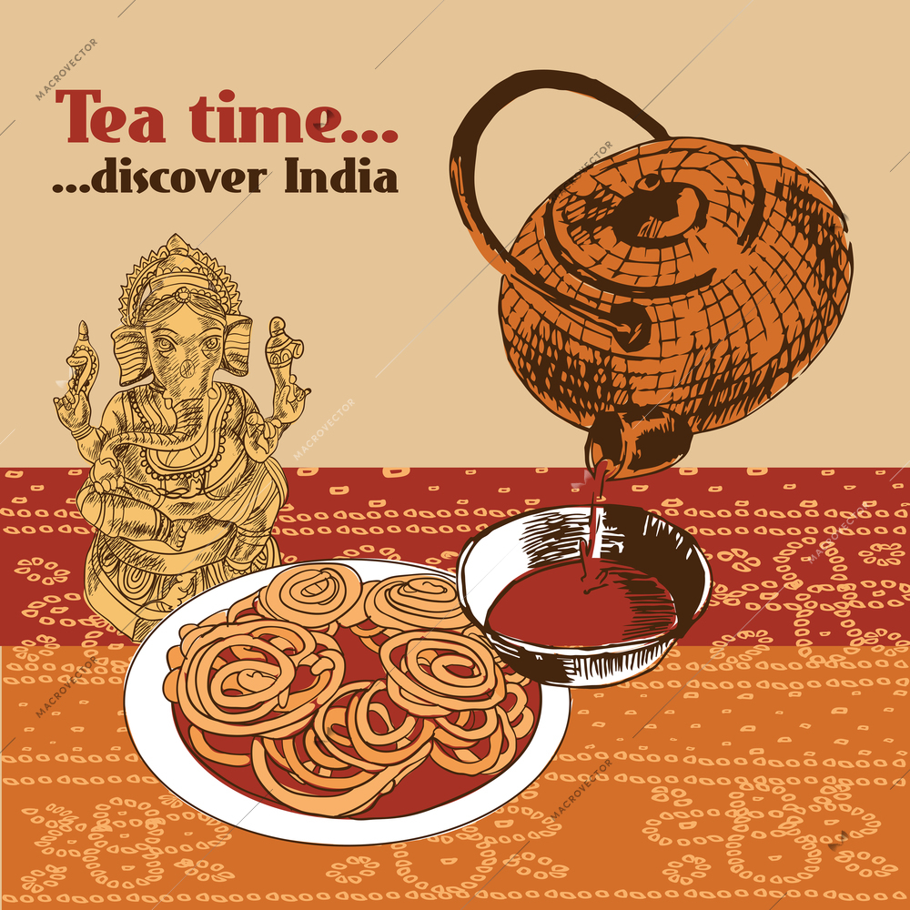 Classical spicy tea time cake and elephant headed god symbol discover india poster with teapot vector illustration