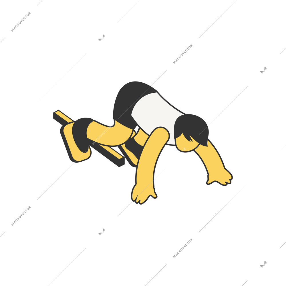 Summer sport competition composition with isometric character of athlete in crouch start position vector illustration