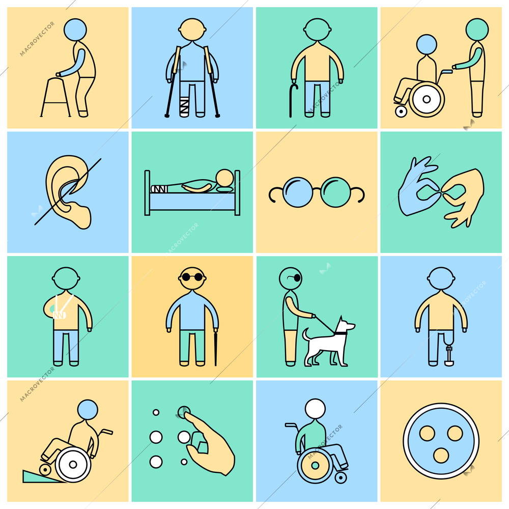 Disabled people flat line icons set isolated vector illustration