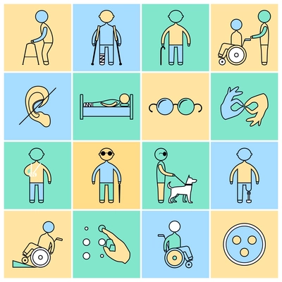 Disabled people flat line icons set isolated vector illustration