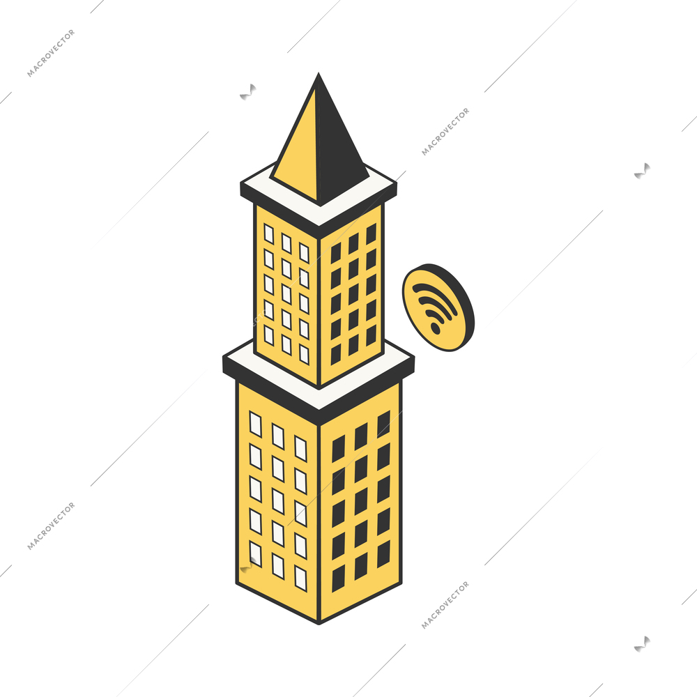 Future technology isometric composition with isolated skyscraper image with wireless sign vector illustration