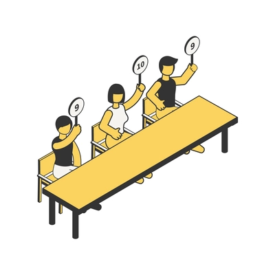 Summer sport competition composition with isometric characters of judges at table vector illustration