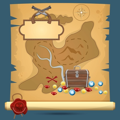 Old quest adventure pirate treasure paper map vector illustration