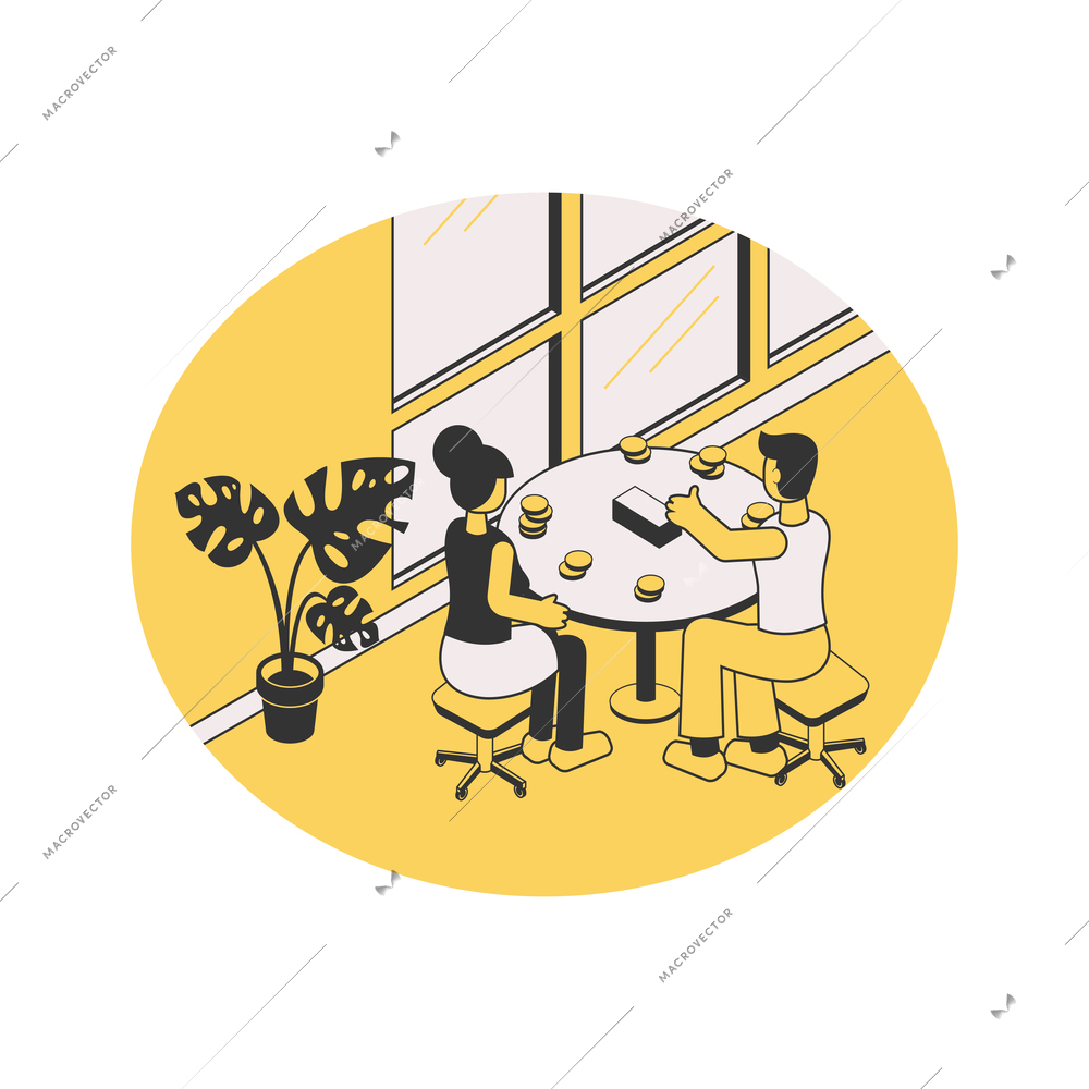 Home leisure isometric composition with view of room with round table and people making eating burgers vector illustration