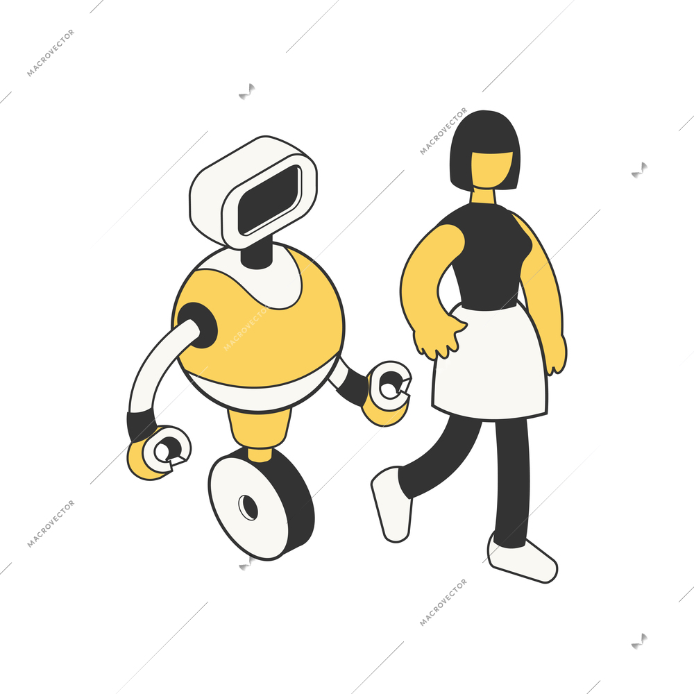 Future technology isometric composition with isolated character of girl with droid friend vector illustration