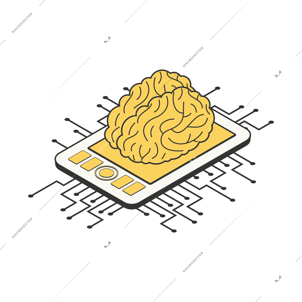 Future technology isometric composition with isolated image of tablet with human brain on screen vector illustration