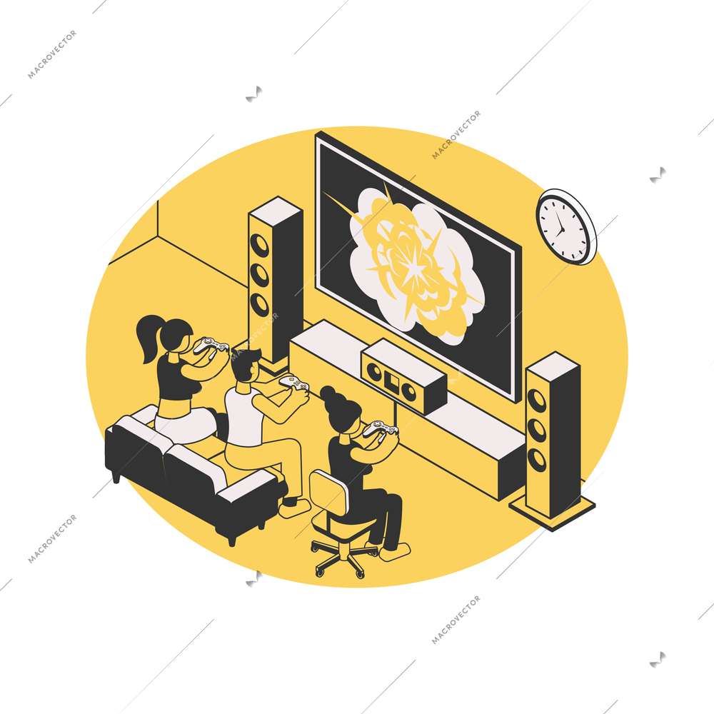 Home leisure isometric composition with view of living room with home cinema playing video game on big tv screen vector illustration