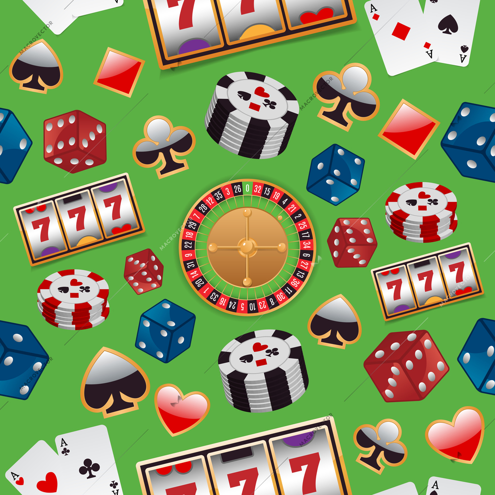 Casino color design elements with gambling poker roulette seamless pattern vector illustration