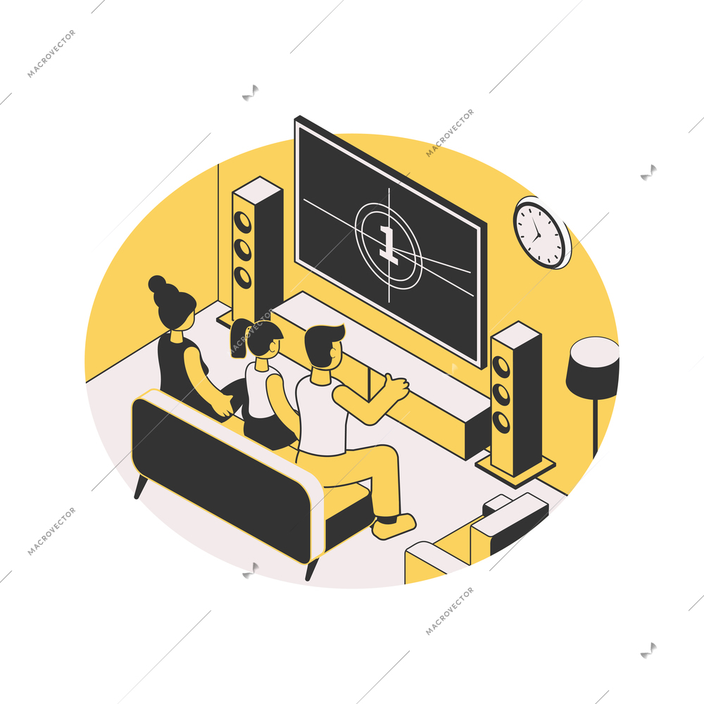 Home leisure isometric composition with view of living room with family members watching movie on home cinema screen vector illustration