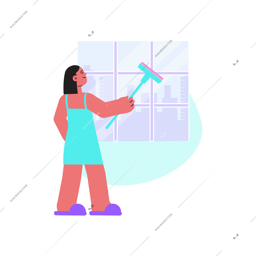 Spring cleaning flat composition with doodle style human characters performing home cleanup vector illustration