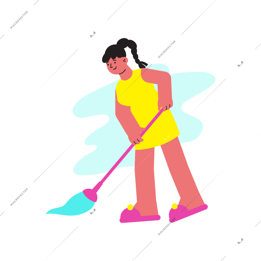 Spring cleaning flat composition with doodle style human characters performing home cleanup vector illustration