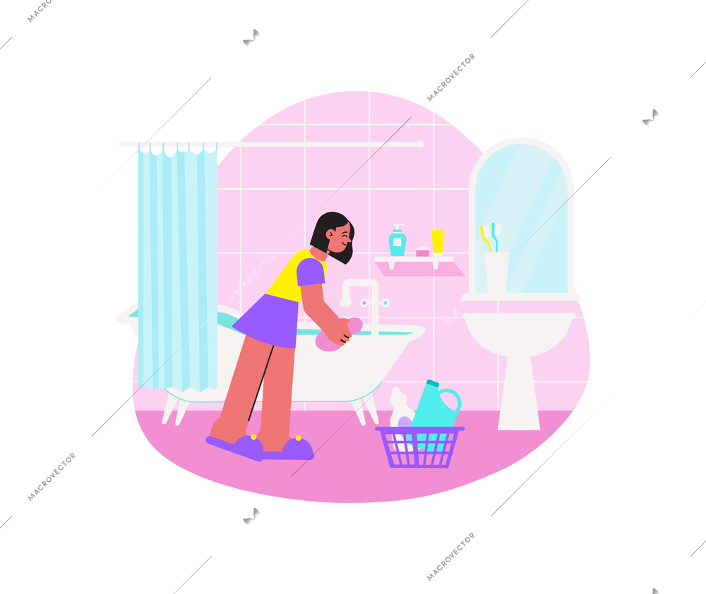 Spring cleaning flat composition with doodle style human characters performing home cleanup vector illustration