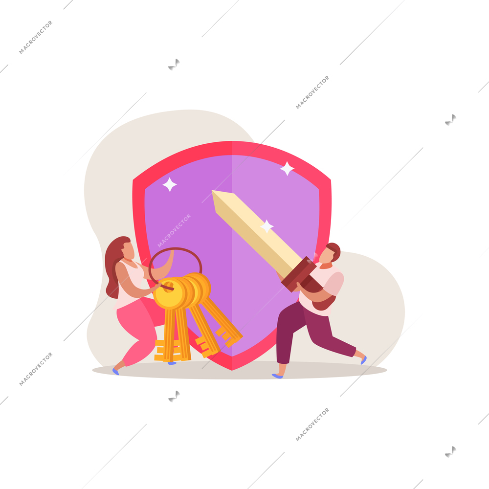 Quest game flat composition with doodle human characters gaming symbols and quest element images vector illustration