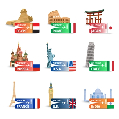 World famous landmarks with travel airplane ticket icons set isolated vector illustration