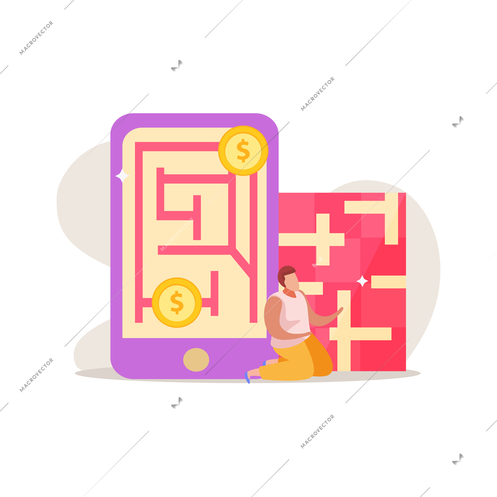 Quest game flat composition with doodle human characters gaming symbols and quest element images vector illustration