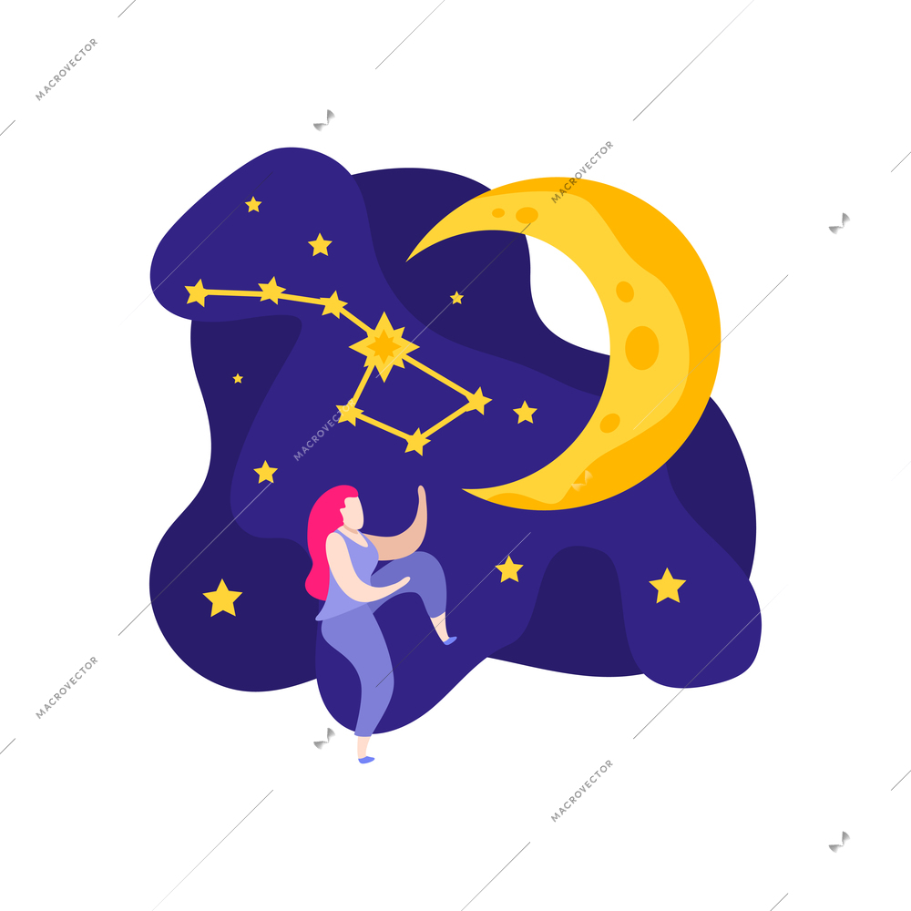 Astronomy space people flat icons collection with doodle style character of woman observing stars vector illustration