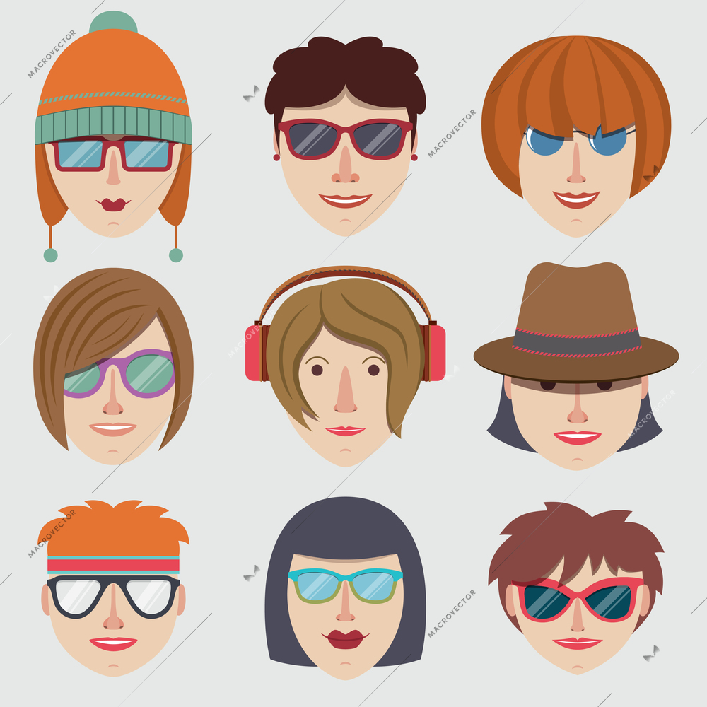 Hipster girl character faces decorative icons set isolated vector illustration