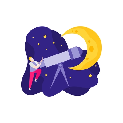 Astronomy space people flat icons collection with doodle style character of man looking in telescope vector illustration