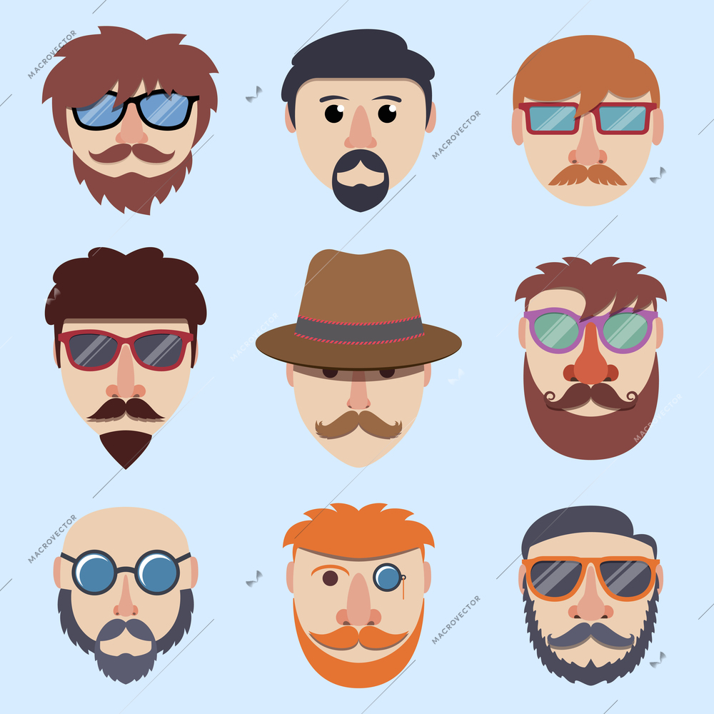 Hipster boy faces with beards and mustaches in sunglasses isolated vector illustration