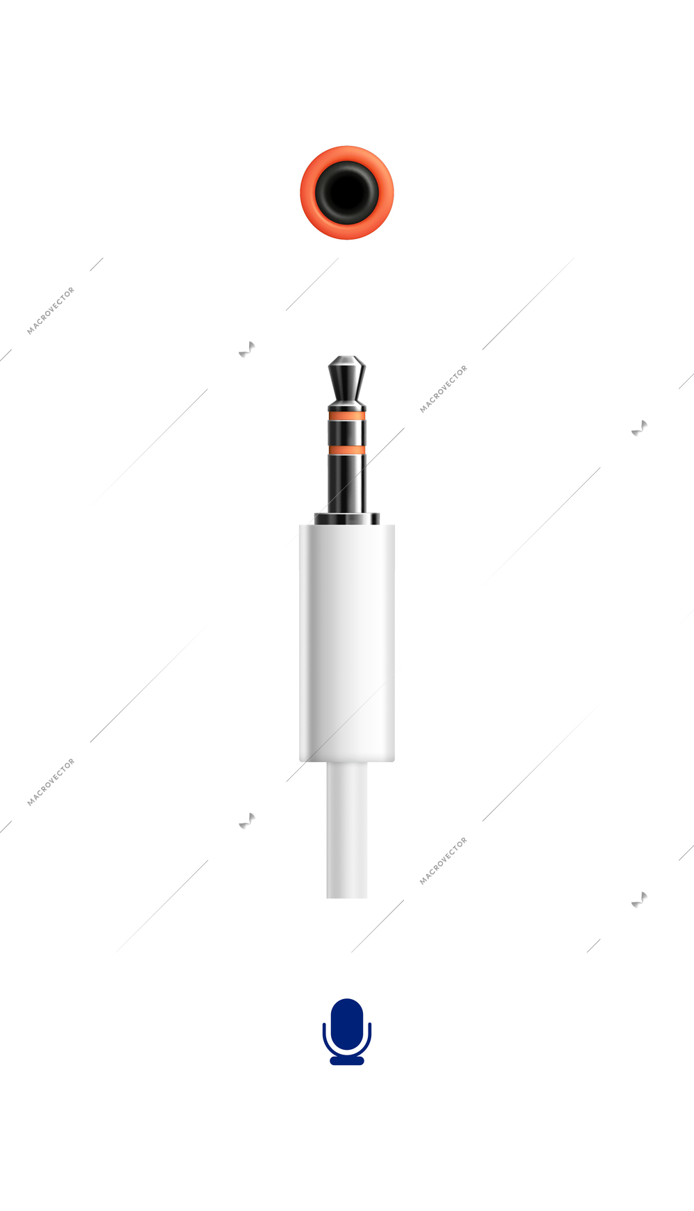 Composition with realistic image of white minijack connector plug and port for microphone connection vector illustration