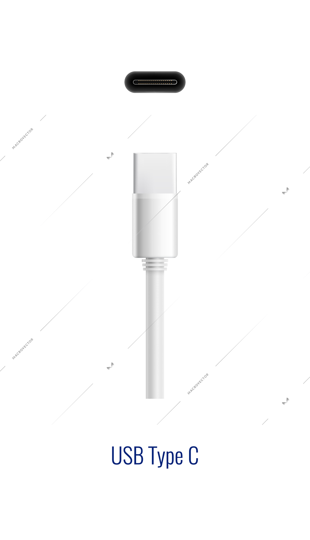 Composition with realistic image of white usb type c connector plug and port for wired connection vector illustration