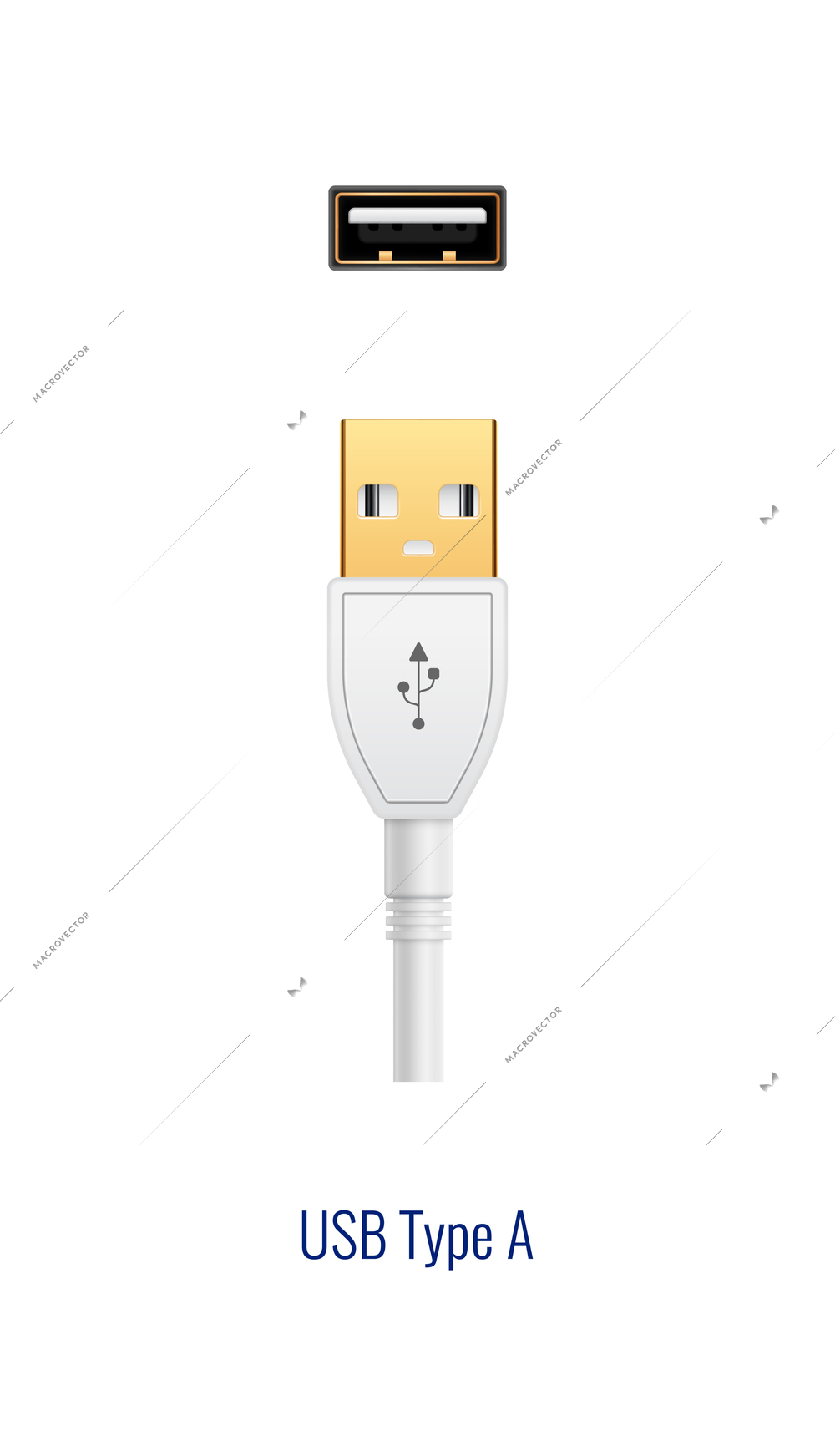 Composition with realistic image of white usb type a connector plug and port for wired connection vector illustration