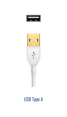 Composition with realistic image of white usb type a connector plug and port for wired connection vector illustration