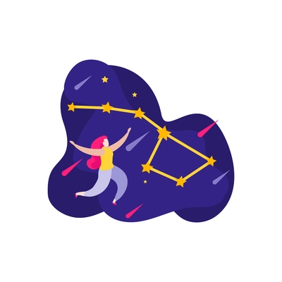 Astronomy space people flat icons collection with doodle style character of woman observing stars vector illustration