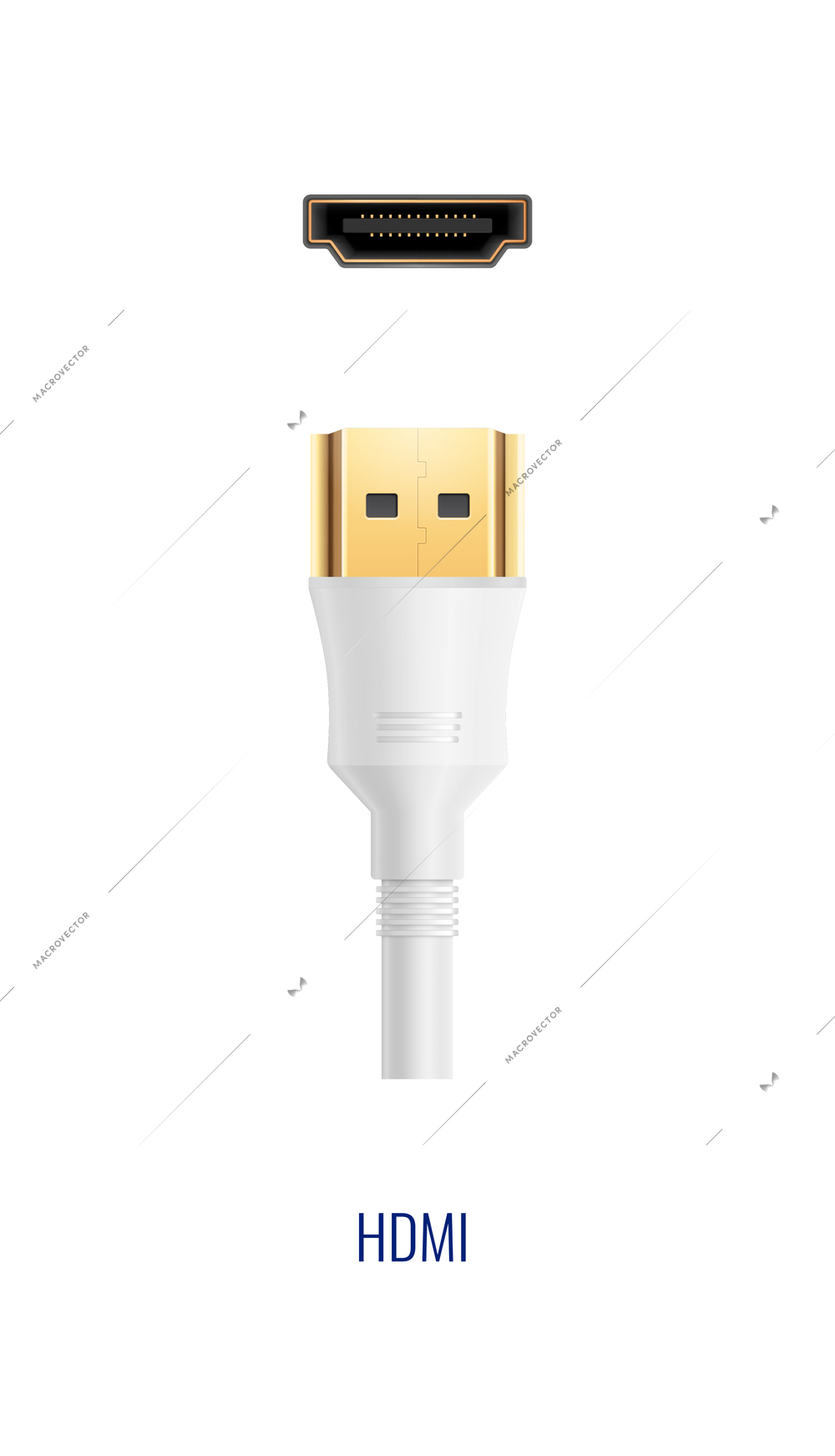 Composition with realistic image of white hdmi connector plug and port for wired connection vector illustration