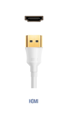 Composition with realistic image of white hdmi connector plug and port for wired connection vector illustration